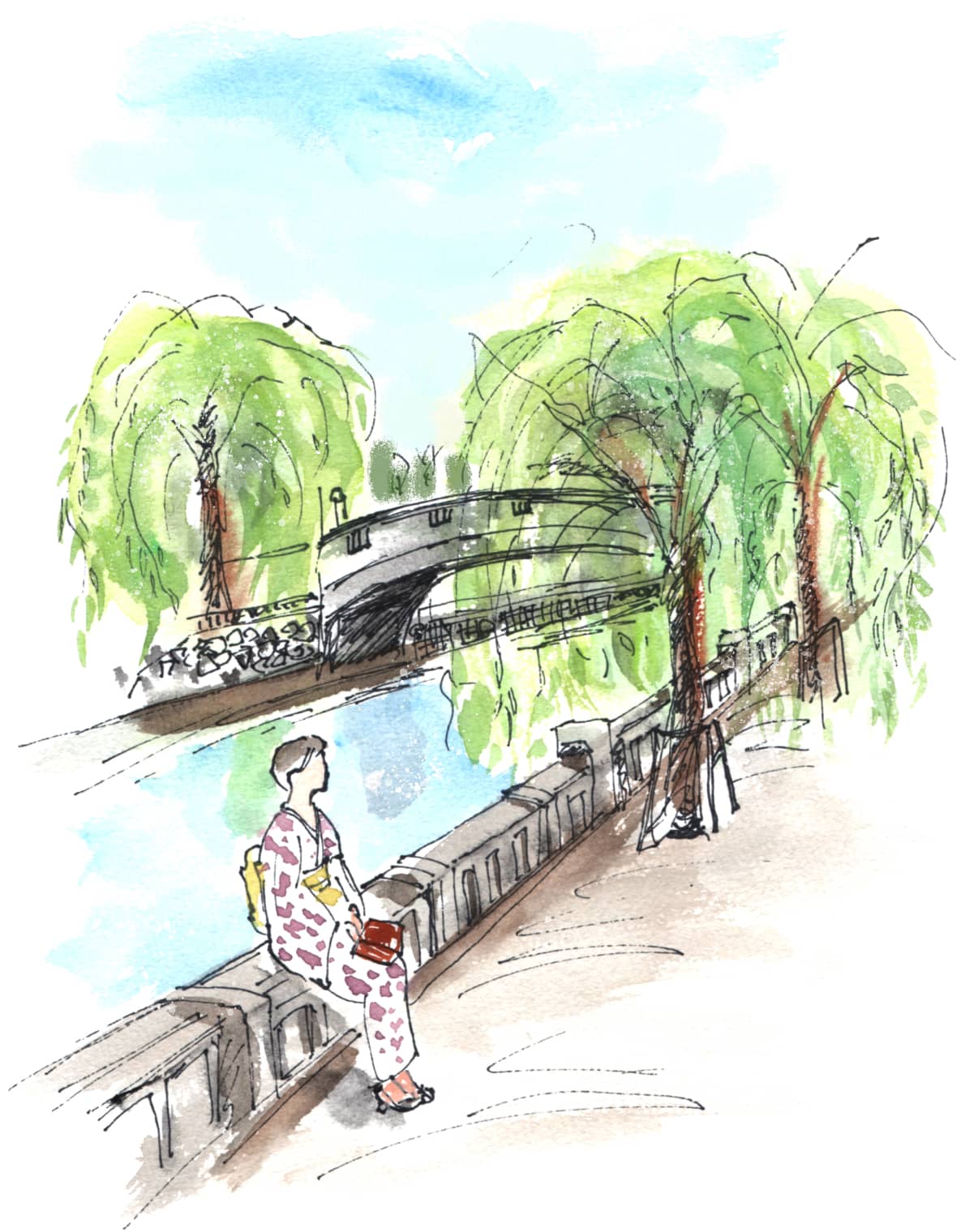 城崎温泉の中心を流れる大溪川の欄干に腰掛ける浴衣姿の女性を描写したイラスト